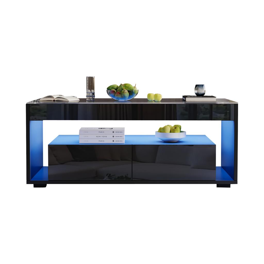 Modern Coffee Table with LED Light, Rectangular Sofa Table, 2 Large Drawers, Living Room Table Made of Glass, Double-Layer, High-Gloss, Black