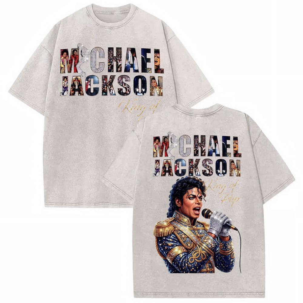 Michael Jackson King of Pop MJ Vintage Washed T-Shirt Herren Damen High Street Gothic Klassisches T-Shirt Sommer Oberteile Hip Hop T-Shirt