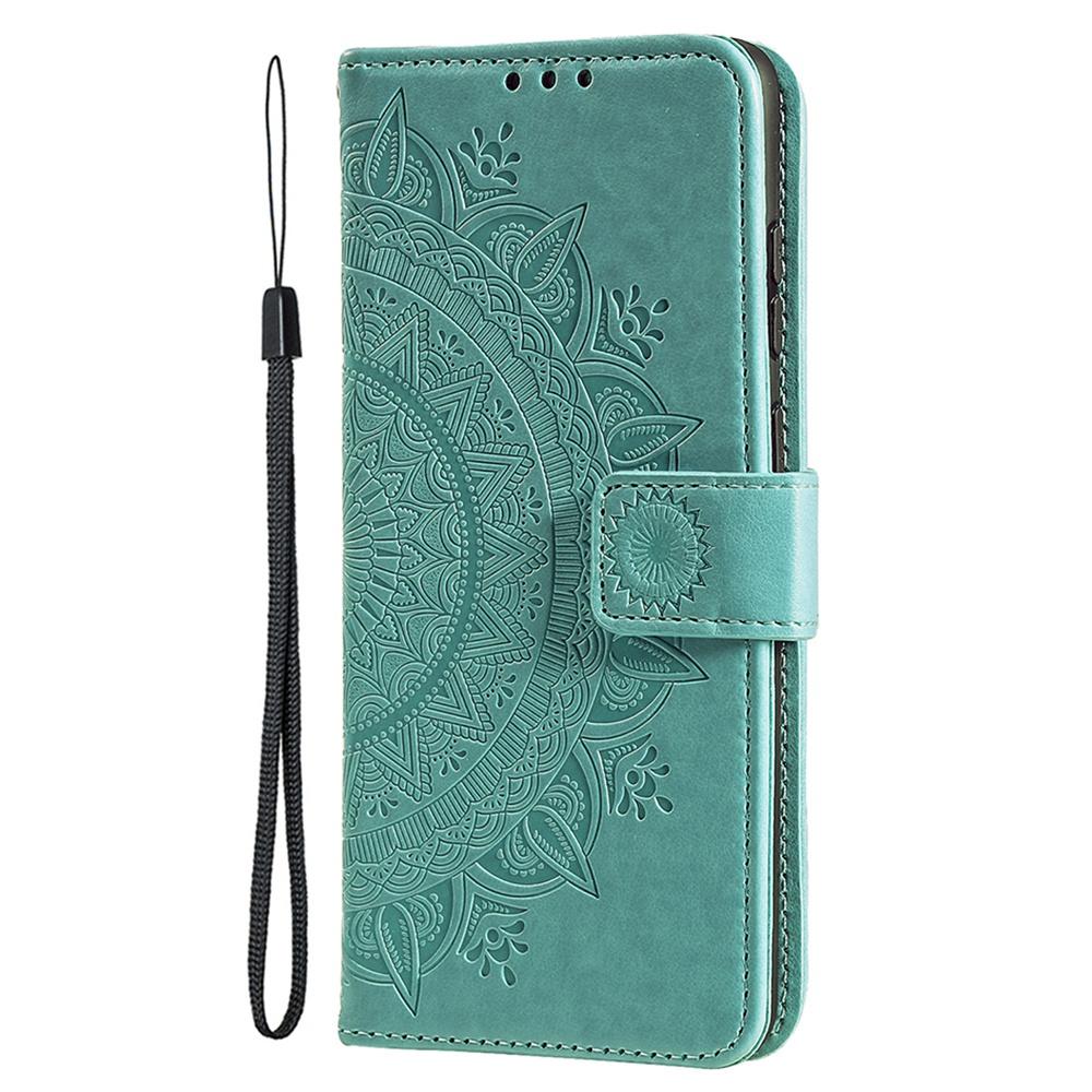 For iPhone 15 Pro Flip Phone Case PU Leather Mandala Flower Imprint Stand Wallet Cover with Strap