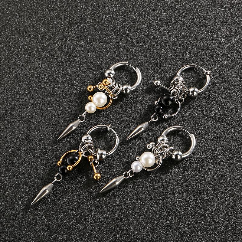 1Pcs Imitation Pearl Tassel Dangle Earrings Punk Gothic Stainless Steel Geometry Horseshoe Nail Rivet Earrings For Women Jewelry