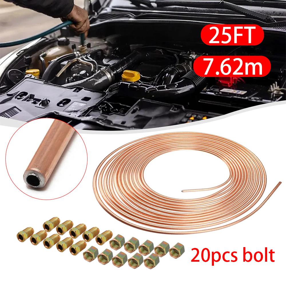 16/20PCS 25ft of 3/16" OD Copper-plated Material Brake Pipe Hose Line Piping Tube Tubing Car Roll Tube Coil With Tube Nuts