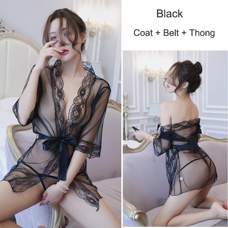 Sexy Women Lingerie Lace Night Dress Sleepwear Nightgown Bandage Deep V G-String See Through Sexy Sheer Sleep Dress Robe S138
