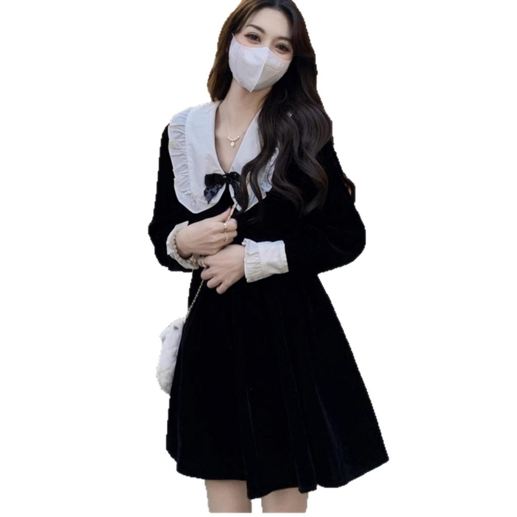 Autumn new Hepburn style black velvet dress women's vintage college style Lolita little black dress