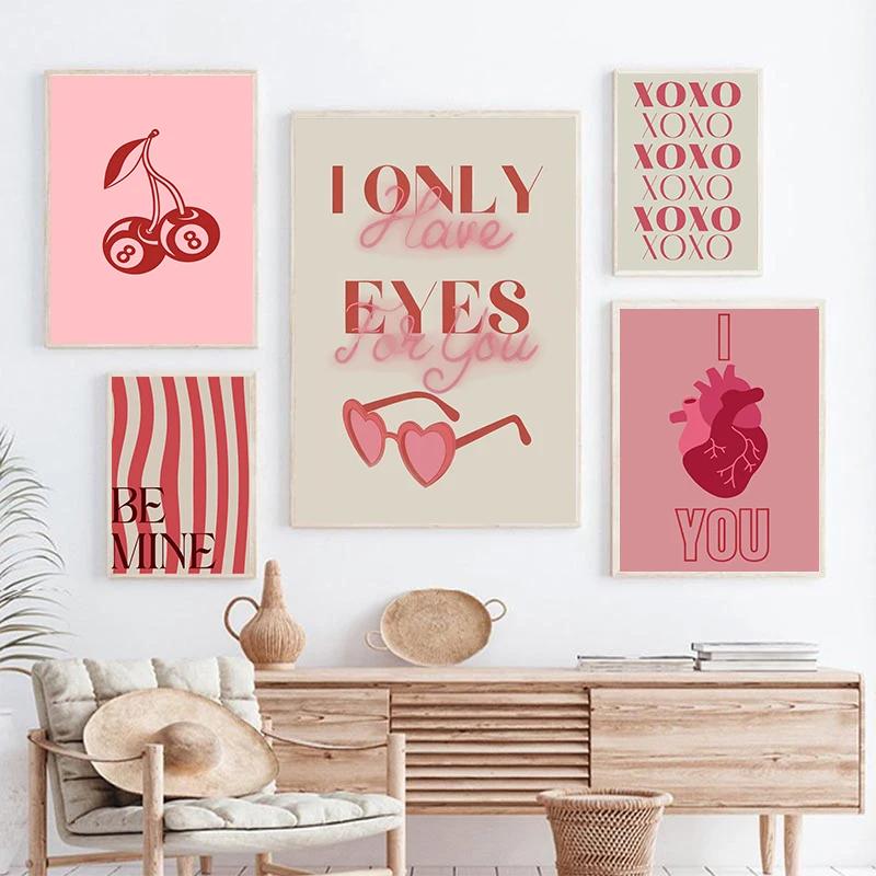 Valentýnský pár Láska Plakát Růžová Série Nástěnná malba Láska Třešeň Abeceda Moderní Tisk Obývací pokoj Ložnice Dekorace Plakát