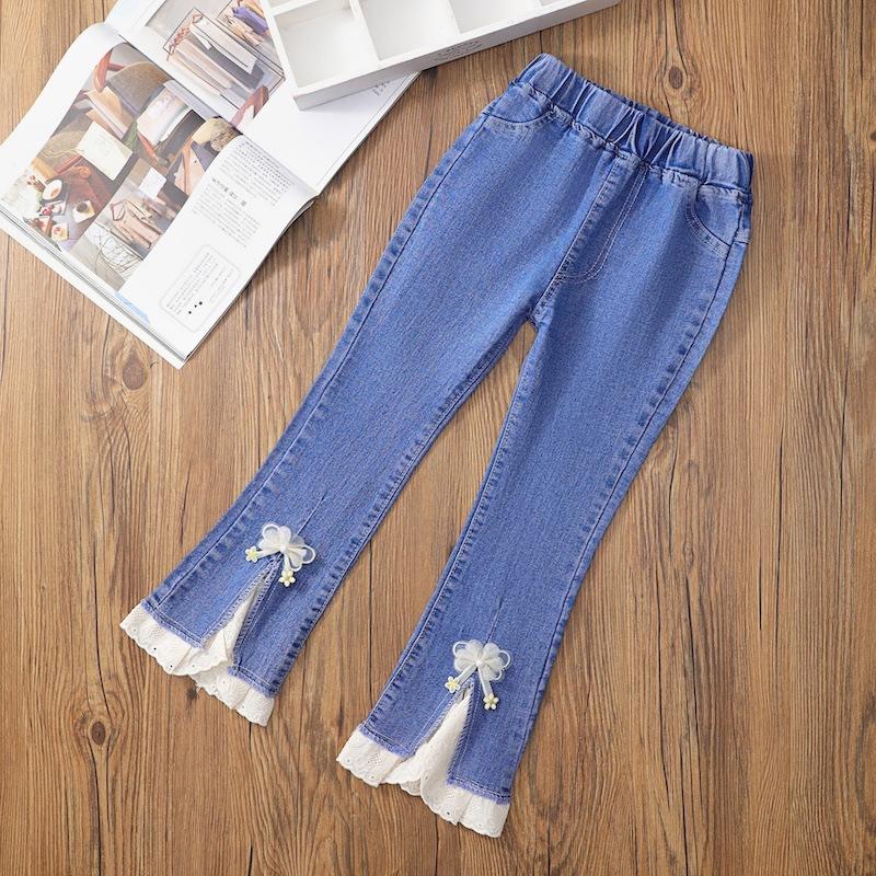 Джинсы для девочек Весенне-осенние Повседневные Детские Свободные Расклешенные Брюки Кружево Жемчуг Девичьи Джинсовые Брюки 130cm
