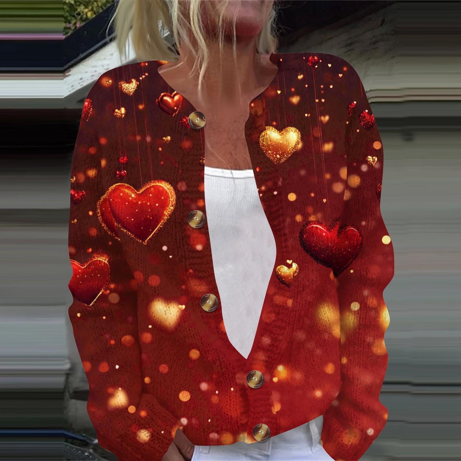 

Женская мода День святого Валентина Сердце Принт Длинный рукав Вязаный кардиган Куртка на пуговицах XL винный