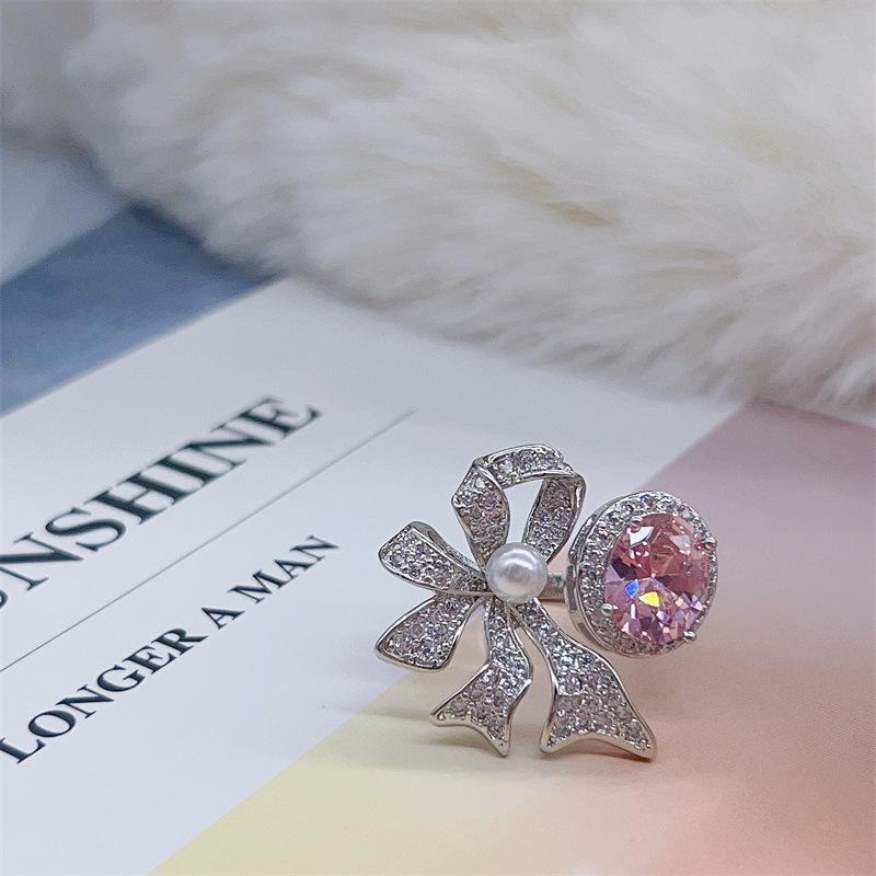 INS Style Pink Zircon Pearl Bow Ring - Elegant Gift for Women Adjustable