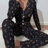 Pajama Set for Women Cherry Print Long Sleeve Crop Top And Long Pants Loungewear Casual 2 Piece Pjs Sleepwear Set