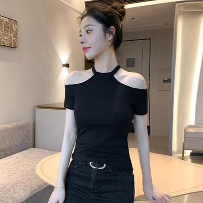 Women's Black One-Shoulder Halter Neck Short-Sleeve Slim-Fit Off-The-Shoulder Niche Top