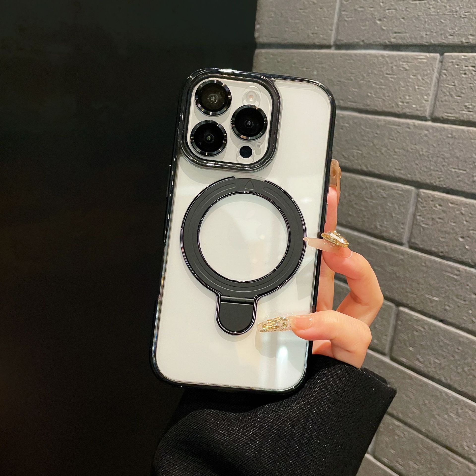 

Ice Crystal Suitable for Iphone16promax Transparent Magnetic Bracket Mobile Phone Case Apple 15 Lens Film Full Inclusive Anti Fall iPhone13promax