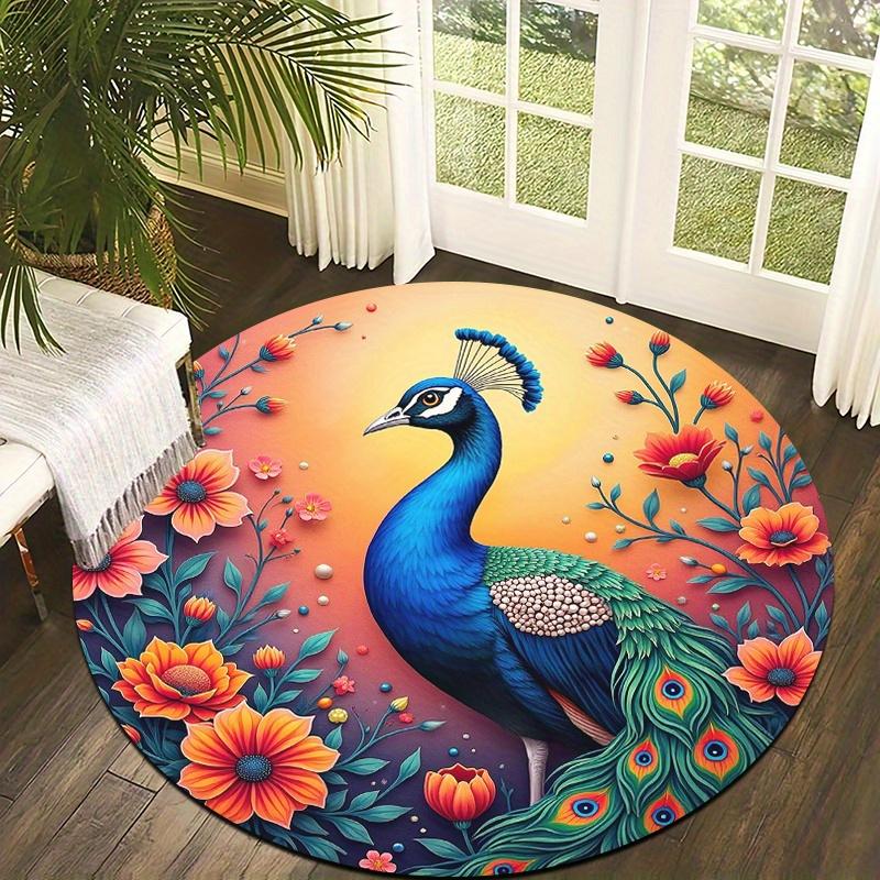 Peacock Flower Style Flannel-printed Round Floor Mats Are Slip-resistant Suitable for Living Room Bedroom Terrace Garden Carpets