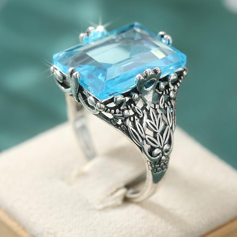 Dazzling Inlaid Sea Blue CZ Women's Ring Sparkling CopperColor Hand Carving Daily Wear Party Jewelry Anniversary Gift