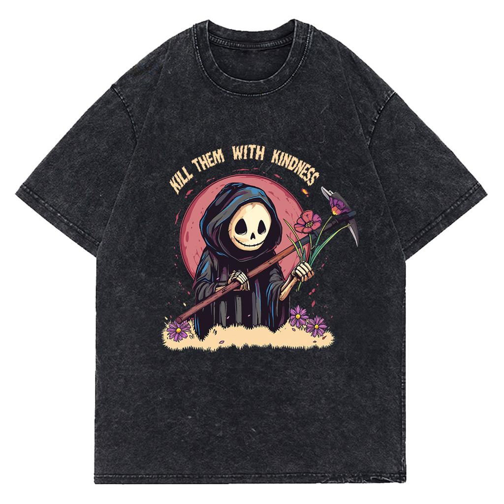 Little Bro Dinosaur Skull Wild And Free Vintage Washed T-Shirt Anime Cotton T Shirts Short Men Women's Tops Oversized Tshirt