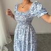 Summer Elegant Lazy Style Sketch Printing Square Collar Loose Long Bubble Sleeve Dress Women