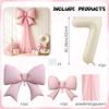 5pcs DIY Bow Birthday Balloon Set, 32inch Milk White Number Balloon, Pink Bow Balloon and Pink Mesh, Birthday Party Decoration