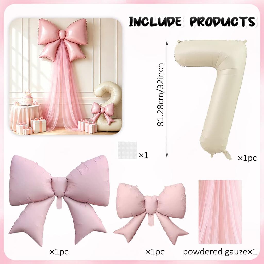 5pcs DIY Bow Birthday Balloon Set, 32inch Milk White Number Balloon, Pink Bow Balloon and Pink Mesh, Birthday Party Decoration