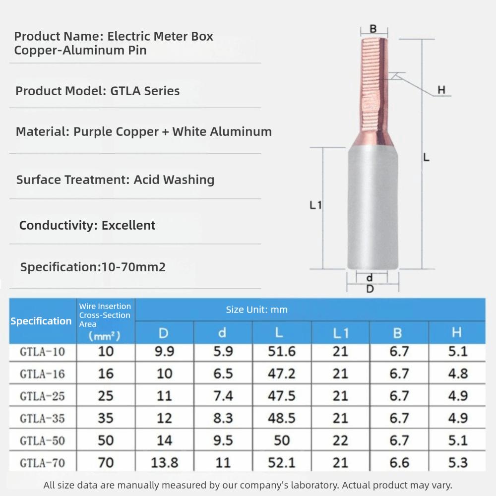 Copper Aluminum GTLA Terminal 10-70mm2 Small Cable Pin Binding Post Copper Aluminum Wire Connector Electric Meter Box