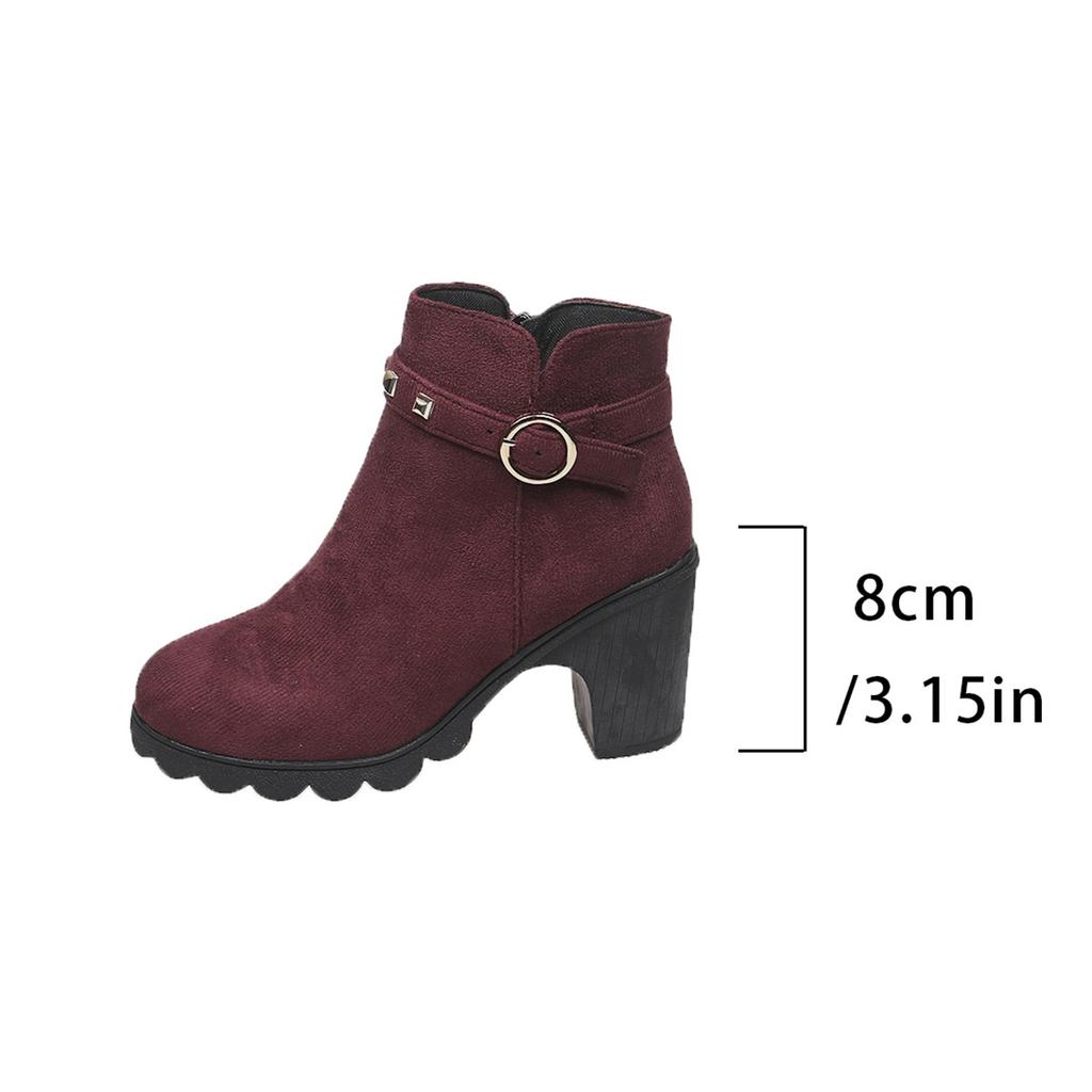 Außenhandel Mode Übergröße Martin Stiefel Damen 2025 Retro High Heel Nieten Schnalle Mode Stiefel Runde Zehe Dicker Absatz Kurze Stiefel