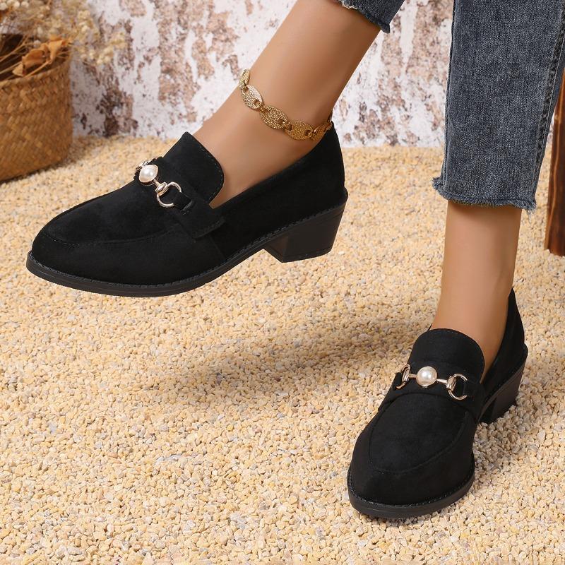 Women's Coarse Heel Shoes Autumn New Round Head Deep Mouth Pearl Suede Anti-slip Wear-resistant Low-top Shoes