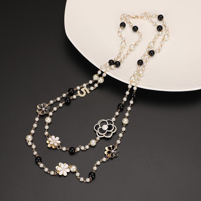 2023 Glass Pearl Double Layer Long Pendant Necklace for Women