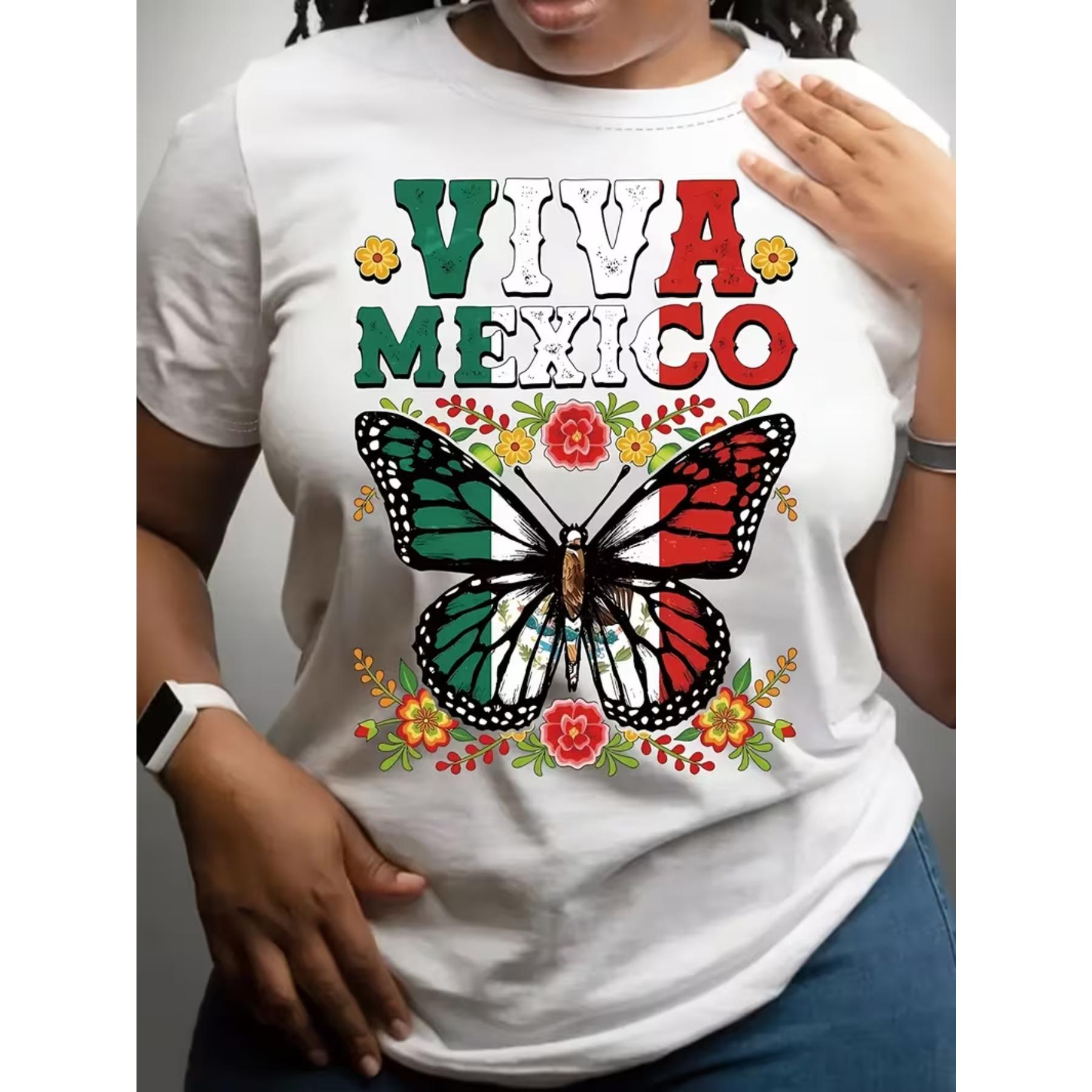 

Women S Short-Sleeve Round-Neck Casual Top with A Butterfly Print of The Mexican Flag, Suitable for Summer and Spring S белый
