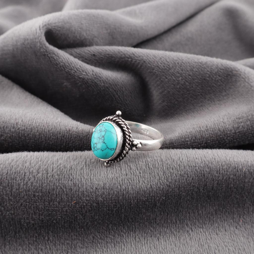 Blauer Türkis Handgefertigter Edelsteinring, 925 Massives Sterlingsilber Böhmischer Schmuckring, Attraktiver Silberring Geschenk für Ehefrau