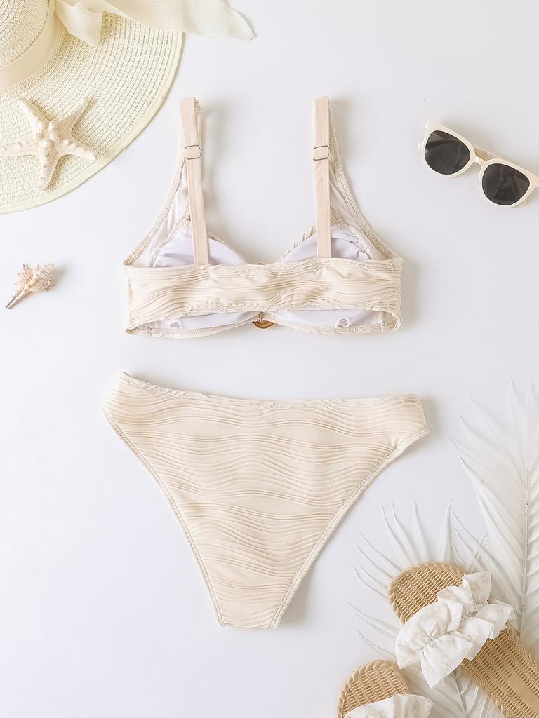 Solid Wide Strap Ruched Fabric Sexy Two Piece Bikini Set Comfortable Elegant Swimwear