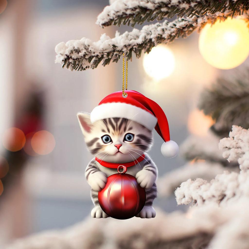 Charming Cartoon Cat Christmas Tree Ornament In Colorful Acrylic For Car Decoration