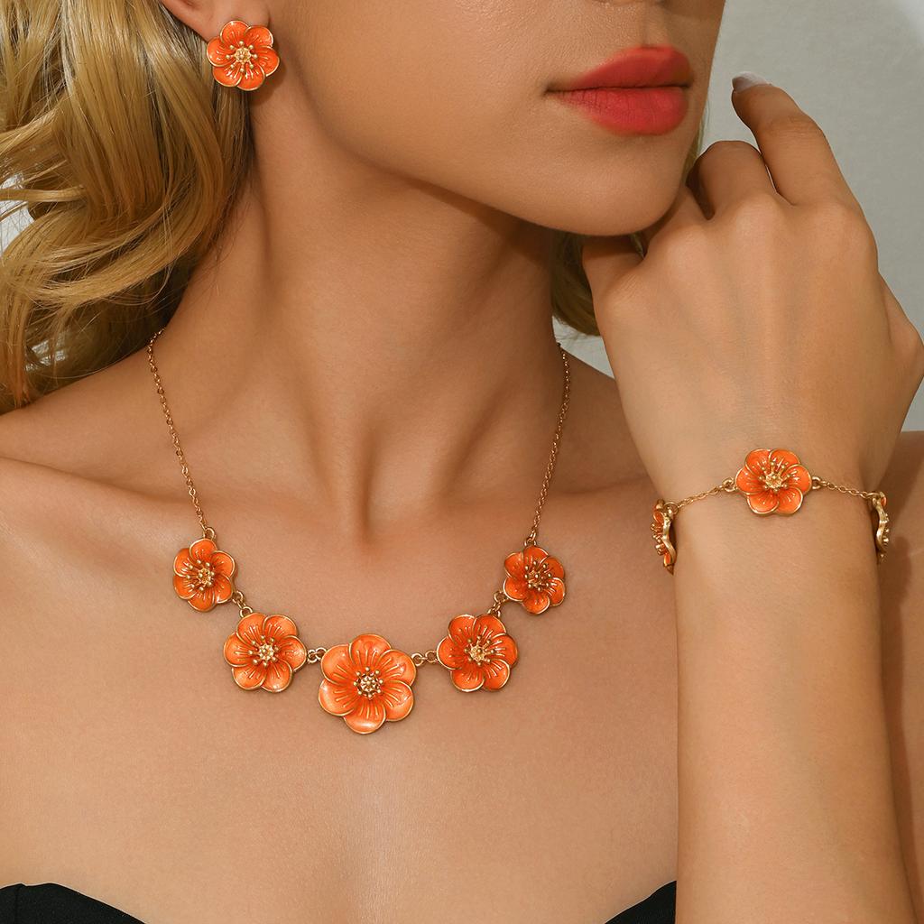 Fashionable and Elegant Alloy Flower Pendant Necklace Earring Set for Women, Versatile and Stylish, Cross-border Wholesale