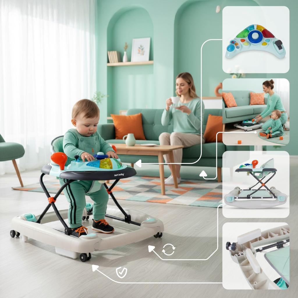 Interactive Walker for Child Rocking Cradle with Steering Wheel Blue-Gray