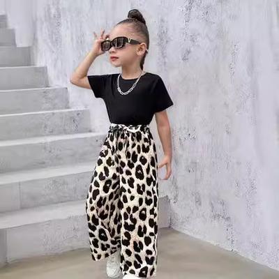 Girls' Fashionable Leopard Print Long Pants Set - Summer Children's Casual Outfit