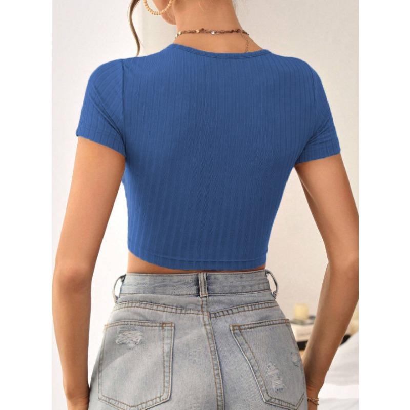 Women Sexy V Neck Slim Fit Cropped Short Sleeve Knit Solid T Shirt