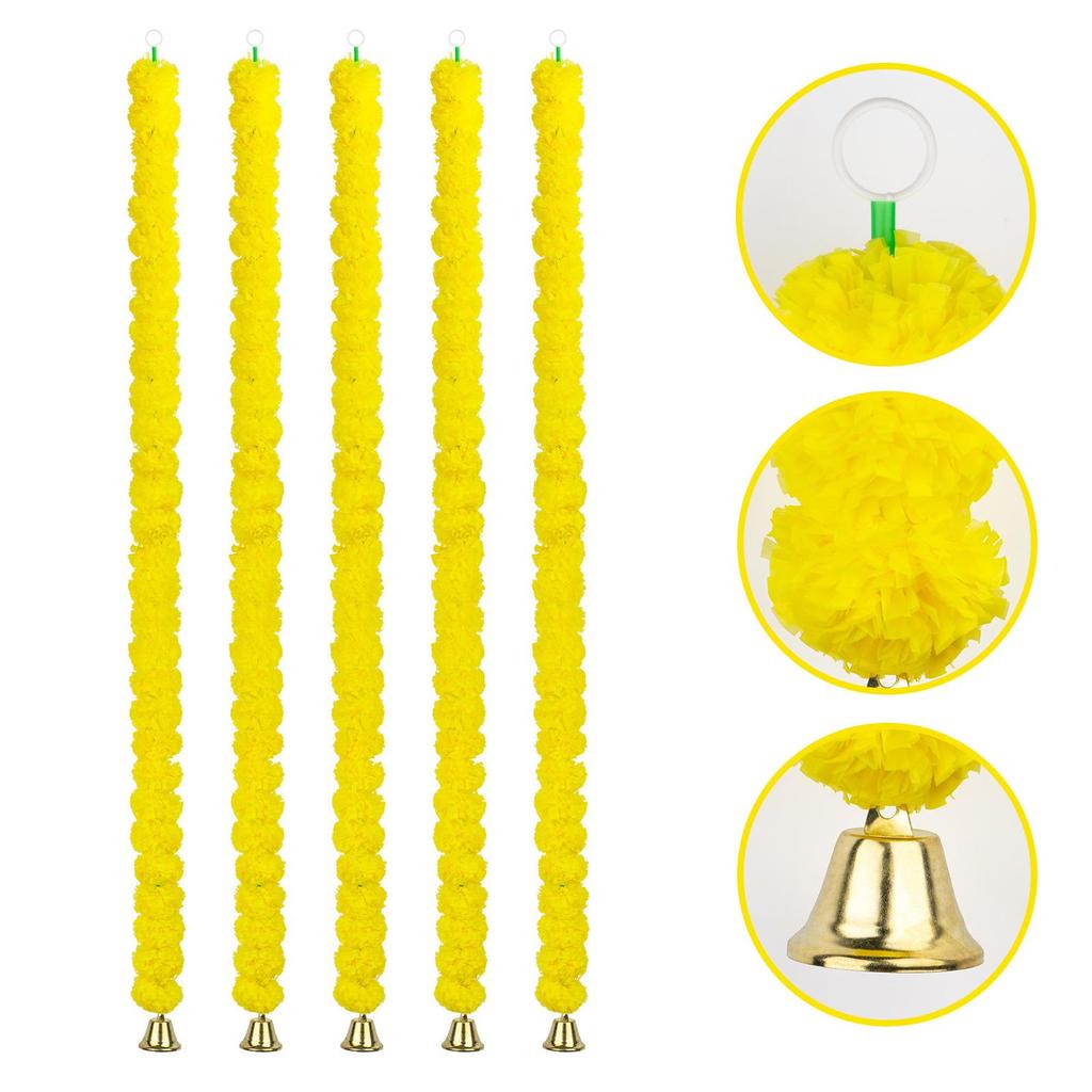 5Pcs Marigold Garland with Bell Wedding Artificial Marigold Flowers for Window Cabinet Living Room Indoor and Outdoor Farmhouse