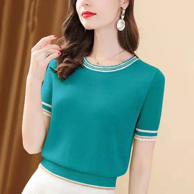 Short Sleeve Knittwear T-shirt for Women Summer Thin Ice Silk Knitted Solid Color Round Neck Bottoming ShirtS-3XL
