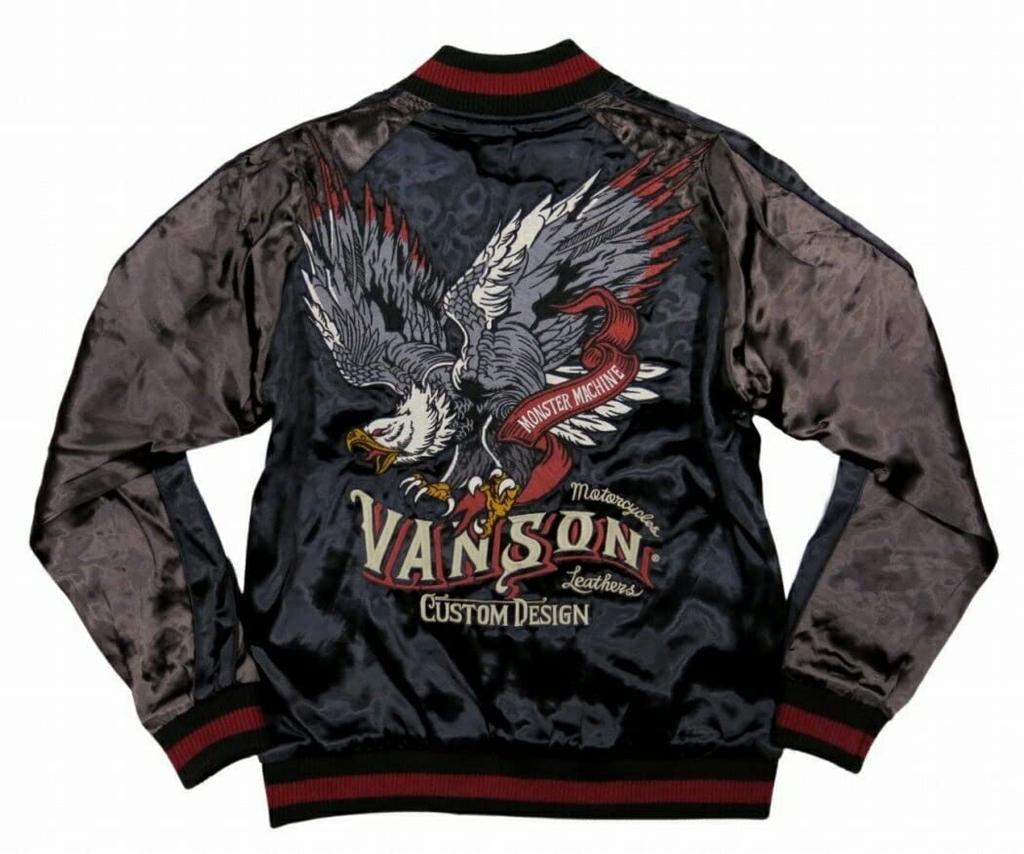American Eagle x Emblema Stelei Triple Jachetă Suvenir Sukajan Reversibilă din Satin de Raion M NEGRU [Vanson] NVJK-2202 Bărbați (Negru)