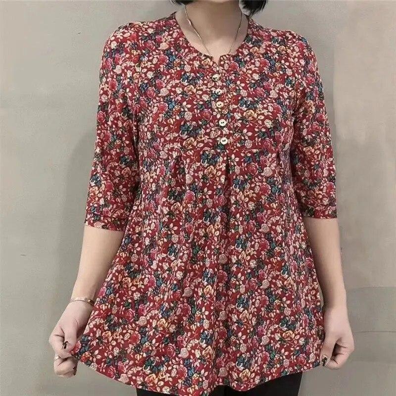 Women's Spring and Summer Plus Size Tall Elastic Loose Round Neck Mid Length Shirt Thin Section Five Minute Sleeve Shirt