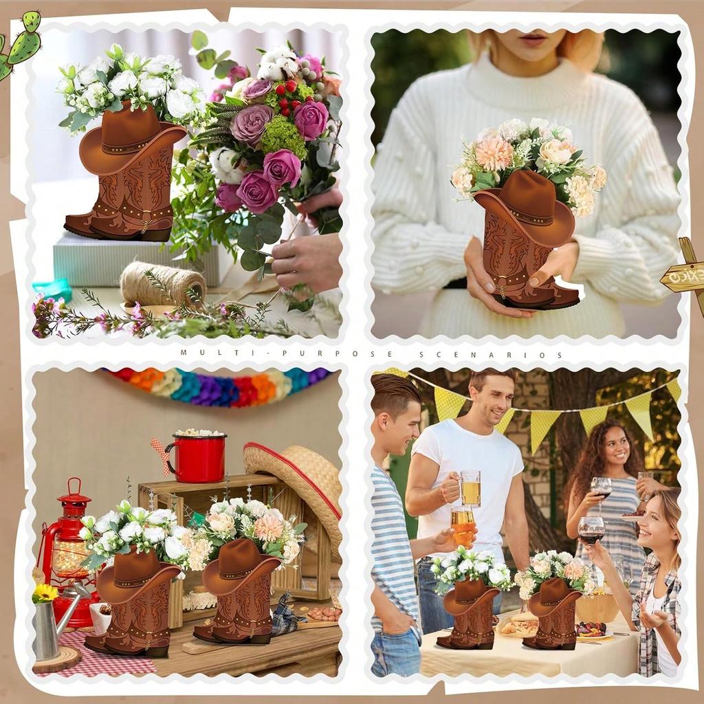 10 set Western Cowboy Boots Flower Boxes Centerpiece Boot Shape Box Decorations Western Theme Party Boot Gift for Wedding Supplies(Brown, Classic)