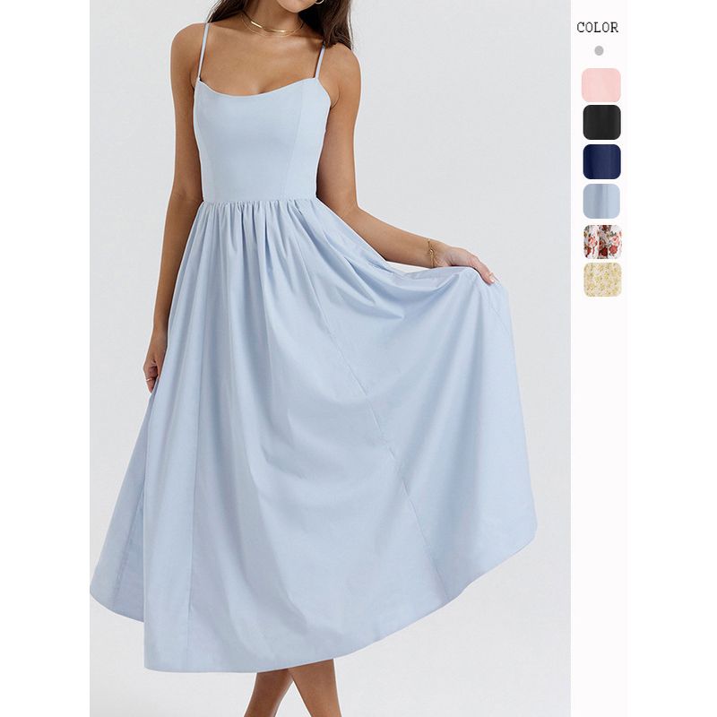 Waist Hugging Solid Color Suspender Dress Waist-Tight Pure Color Sling Dress