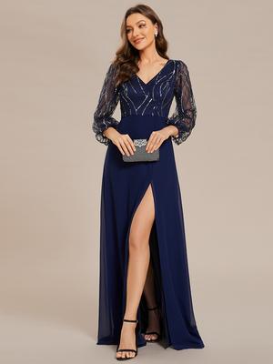 Ever-Pretty Women's Sequin Long Lantern Sleeves A-Line V-Neck Floor-Length Slit Evening Dress