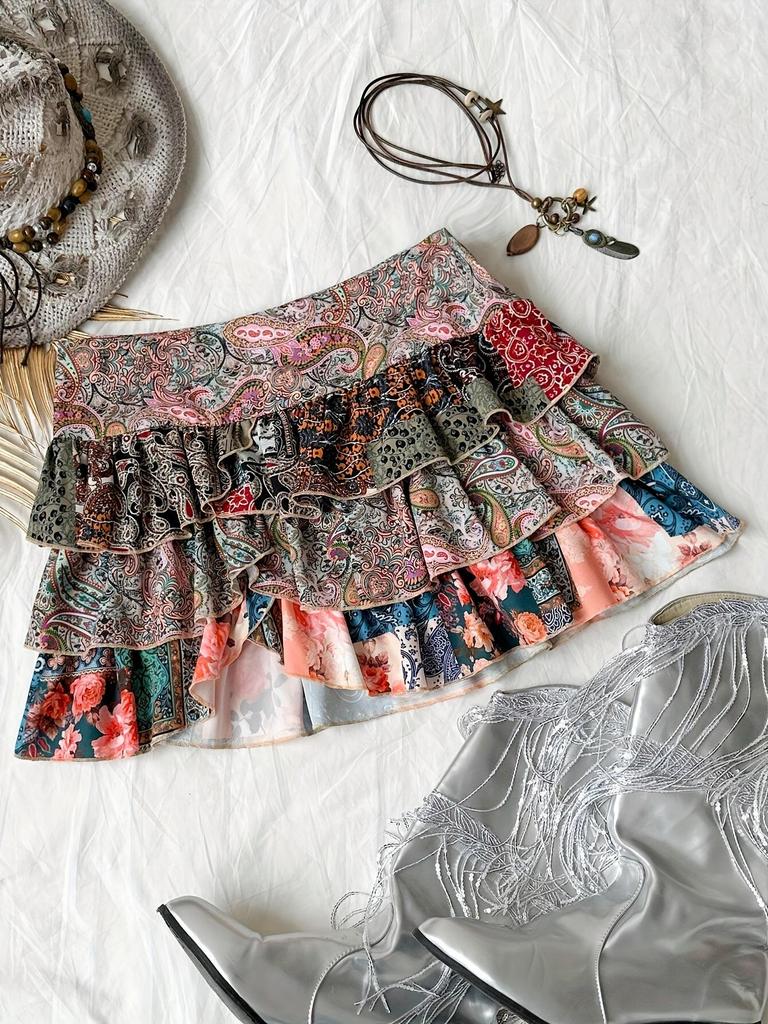 Bohemian Retro Paisley Color Block Party Skirt