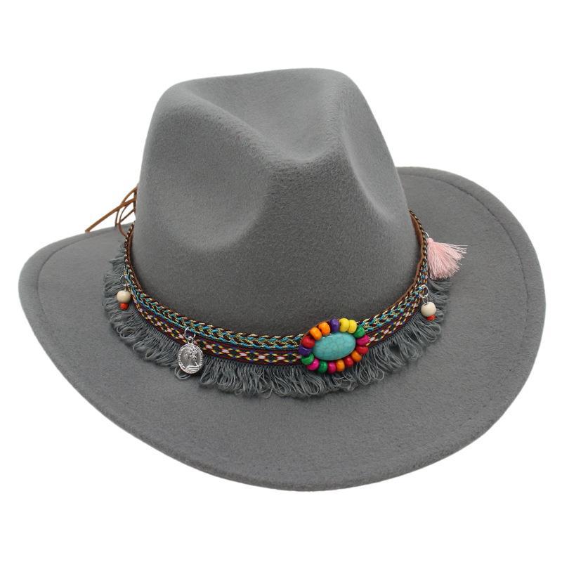 Ethnic Bowler Hat Tassel Western Cowboy Hat Jazz Hat Turquoise Felt Hat Outdoor Literary Sun Hat