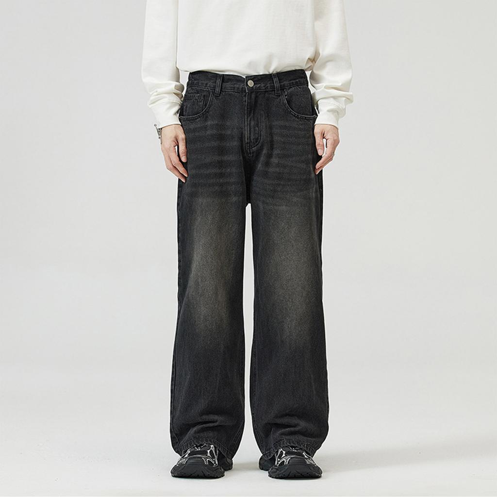 Men's Fashion Retro Straight Leg Jeans with Half Elastic Waist, Wide Leg Denim Pants for Spring and