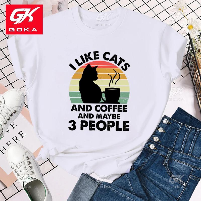

Premium Cottn T Shirt I Like Cats and Coffee and Maybe 3 People Trend Style Cute Clothes Women Print Lady Female Tops T Shirts S