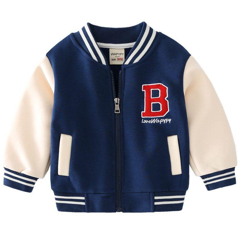 Boys' Letter Zip-up Shirt Patchwork Sleeve Outwear Autumn and Winter Children's Fleece-Lined Sweater Baby Boys' Baseball Uniform Casual Tops