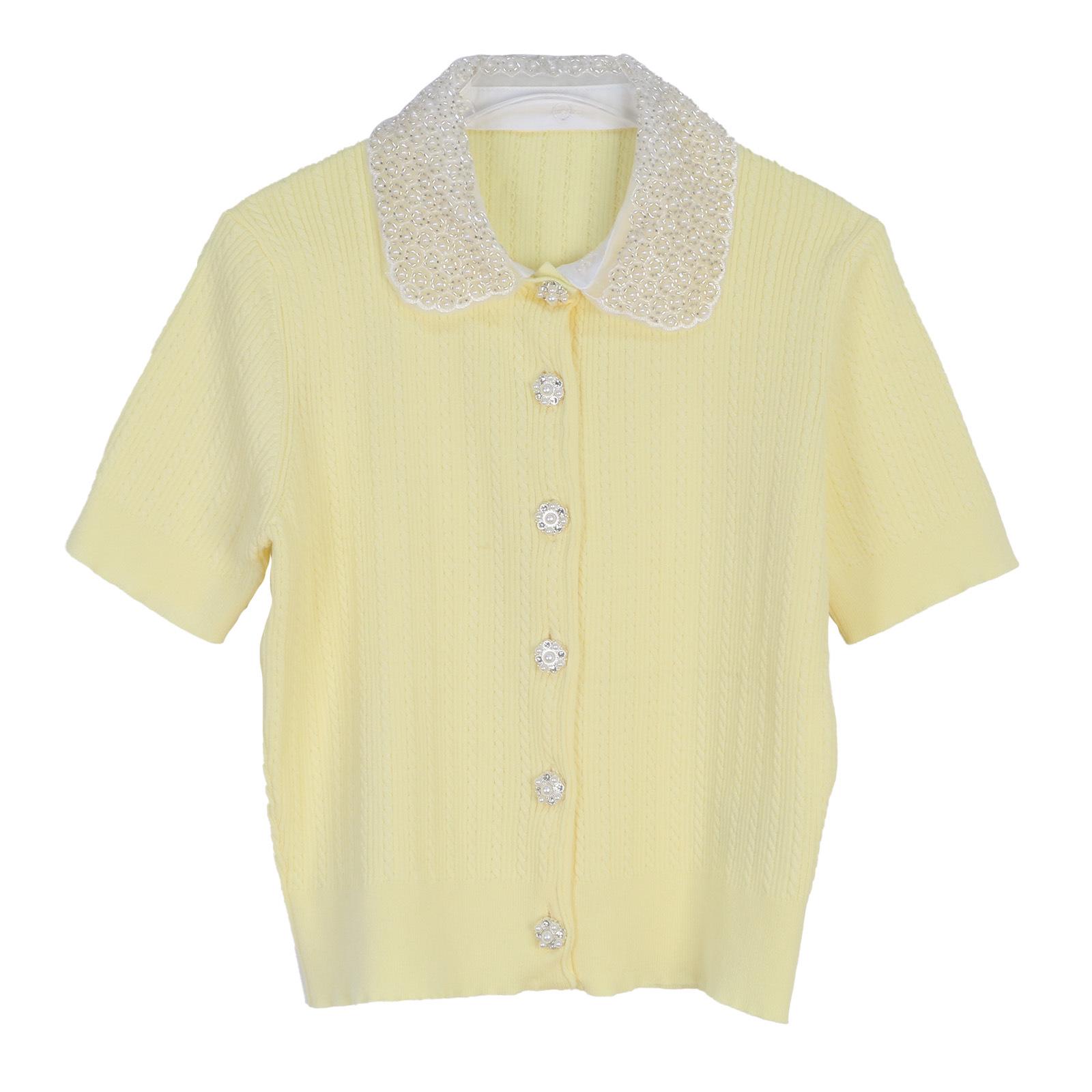 

Вязаный кардиган с коротким рукавом во французском стиле с жемчужным воротником Питер Пэн - Шикарный, милый, омолаживающий женский трикотаж для весны/лета Medium