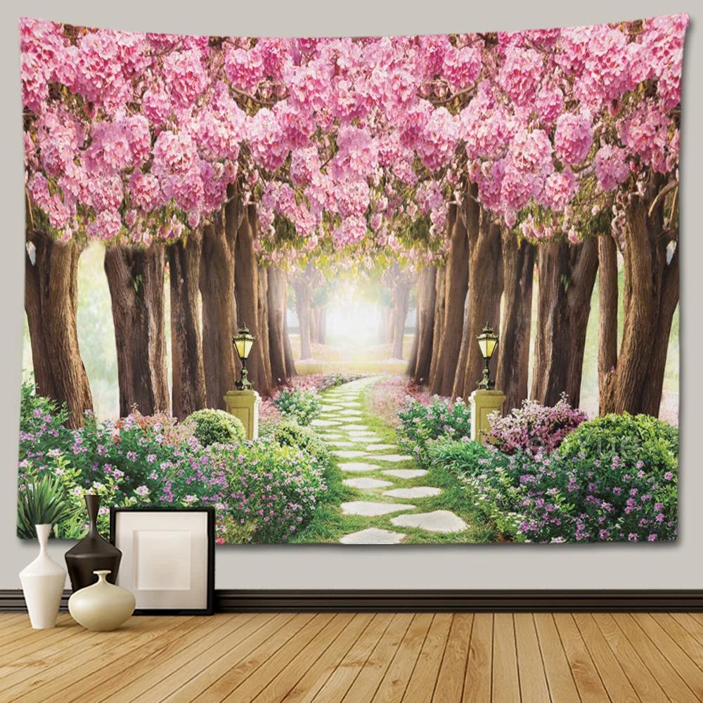 Cherry Blossom Decorative Wall Tapestry Home Decor Bedroom Landscape Large Fabric   Hanging Decoration  Murals