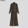 INCERUN Men Long Sleeve Belt Casual Flimsy Long Zipper Rompers Jumpsuits