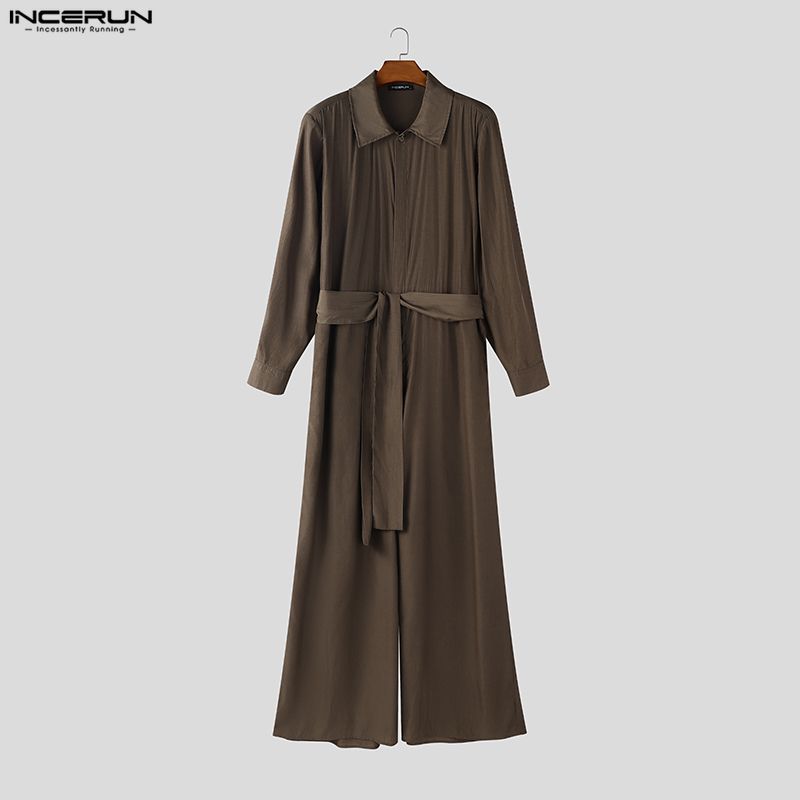 INCERUN Men Long Sleeve Belt Casual Flimsy Long Zipper Rompers Jumpsuits