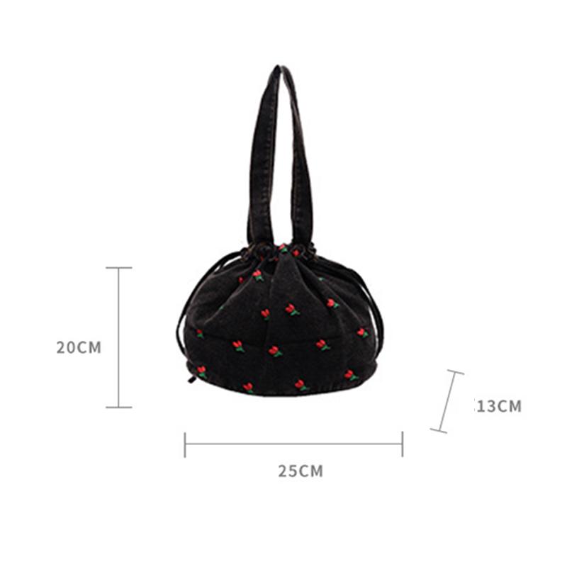 Yogodlns Women's Vintage Floral Denim Bucket Shoulder Bag Casual Embroidered Large Capacity Handbag with Polyester Lining
