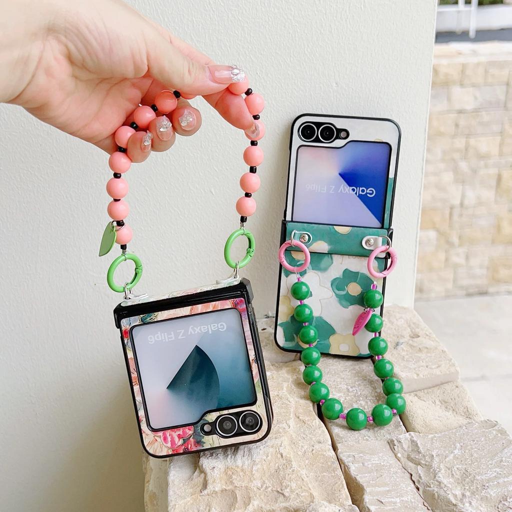 Flower PU Leather Cover with Hinge Protection & Wrist Chain Strap Bracelet For Samsung Galaxy Z Flip 6 5 4 3 Phone Case